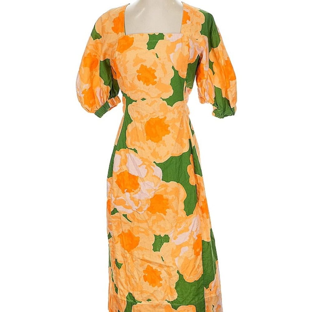 Eudon Choi Floral Puff Sleeve Square Neck Linen Cotton Dress UK 2/ US 00